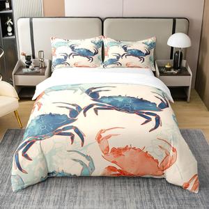 Erosebridal Хлопковый комплект постельного белья с крабами в морском стиле, сине-голубой с красными крабами, для детей, с застежкой-молнией, Red Blue