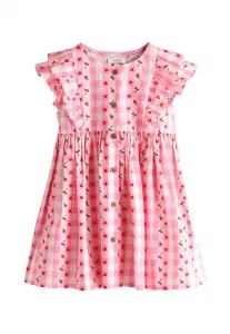 Платье повседневное, прямого кроя, с двойными оборками на рукавах. Next, Pink Gingham
