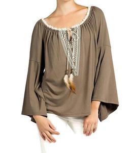 Вышитый вязаный топ с рукавами-колокольчиками в цвете мокко KORI, мокко