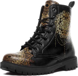 Женские небесные боевые ботинки - босоножки на щиколотку из веганской кожи «Солнце и Луна», модные готические бохо ботинки на шнуровке с массивной подошвой Coolcustomize, Black-Golden2