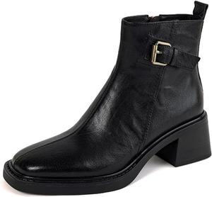 Женские кожаные винтажные ботильоны с квадратным носком и широким каблуком, боковая молния, удобные ботинки с массивным каблуком для офиса и свиданий NEJKG, Black