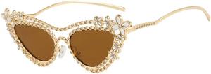 Женские солнцезащитные очки Melrose «кошачий глаз» со стразами, винтажная оправа с цветочным узором и блестящими кристаллами, металлическая, с защитой от УФ-излучения UV400, идеально подходят для вечеринки, Brown