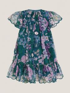 Детское платье-колокол с короткими рукавами из органзы Monsoon, Teal