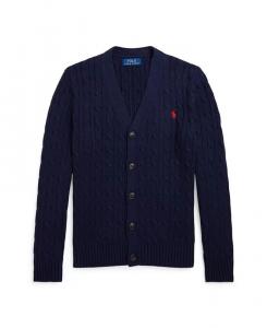 Хлопковый кардиган косой вязки для больших мальчиков с v-образным вырезом Polo Ralph Lauren, синий