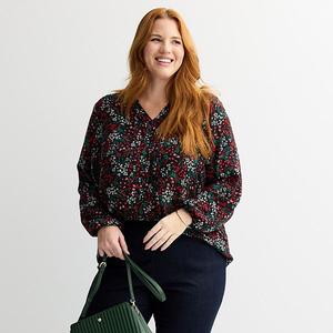 Блузка Plus size с разрезом на горловине и защипами Croft & Barrow, Black Mulit Floral
