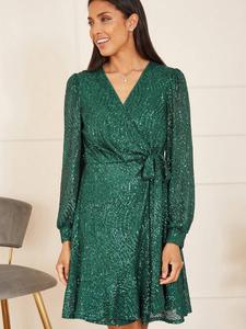 Платье с запахом из пайеток с длинным рукавом Yumi, зеленый