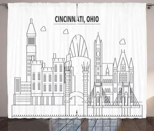 Штора в деревенском стиле Цинциннати от ABAKUHAUS, геометрический рисунок города, присборенная тесьма для спальни с петлями и крючками, 280 x 175 см, темно-синий, серый и белый Abakuhaus