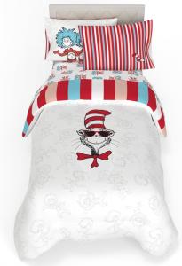 Детский комплект постельного белья «Кот в шляпе» по мотивам книги Доктора Сьюза, 5 предметов, для односпальной кровати: мягкое и уютное двустороннее одеяло, простыни и наволочка. Официально лицензированный продукт от Franco, цвет Cat in the Hat