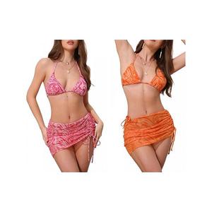 2 комплекта женского бикини с цветными вставками в виде водной ряби, 3 предмета: топ-халтер, треугольные трусики и сетчатая накидка Inspire Chic, Orange Rose Red