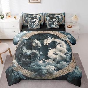 Erosebridal Комплект постельного белья Tai Chi Taoist с рисунком космических драконов, Black,white,goden