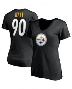 Женская брендовая одежда T.J. Черная футболка со значком игрока Watt Pittsburgh Steelers, именем и номером, с V-образным вырезом Fanatics, черный
