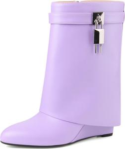 Женские широкие сапоги средней длины на платформе и клиновидном каблуке, с круглым носком, из искусственной кожи, на молнии, короткие ботильоны с замком CORNMOOD, Short Purple