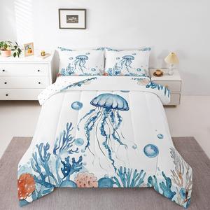 Erosebridal Комплект постельного белья Jellyfish Full Ocean с морскими обитателями и водорослями в голубых тонах, Blue Orange White