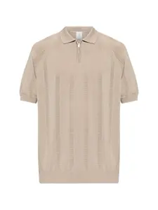 Вязаное полосатое поло на молнии Eleventy, бежевый