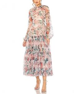 Платье миди с длинным рукавом Mac Duggal, высоким воротником и длинными рукавами-фонариками, мультиколор