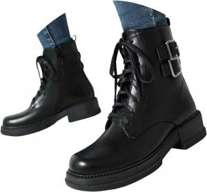 Женские боевые ботинки на низком каблуке, короткие ботильоны с боковой молнией, кожаная платформа, рифленая подошва, массивный каблук, шнуровка с пряжками, круглый носок, модные ботинки, осень-зима, удобная обувь для прогулок Generic, Black