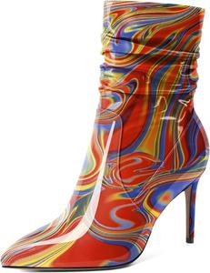 Женские скошенные ботильоны Mettesally с высоким каблуком, заостренным носком, модные стильные с боковой молнией, каблук 3,5 дюйма, ботинки средней высоты, Patent Heatmap