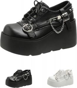 Женские туфли в стиле Visual Kei, гранж, панк, готика на платформе - металлическая пряжка и цепочка, дышащая подкладка, противоскользящая подошва, повседневные туфли на клиновидном каблуке. TAURAOO, Black