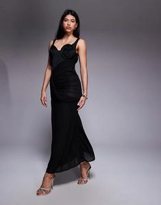 Платье макси ASOS DESIGN с цветочным принтом на груди и драпированной юбкой, черное