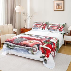Erosebridal Комплект постельного белья с новогодним принтом Санта Клаус и грузовиком в стиле кантри, Red Brown White