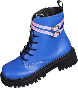 Женские кожаные ботинки в стиле милитари на массивном каблуке с протекторной подошвой, боковой молнией, пряжками и шнуровкой, низкий каблук, ботильоны Generic, Blue