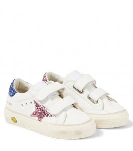 Кроссовки из блестящей кожи May School Golden Goose Kids, цвет white/light blue/pink
