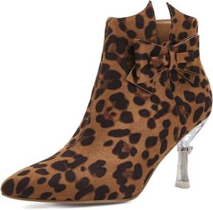 Женские модные ботильоны FYS с заостренным носком, бантом, короткие ботинки с каблуком-стойкой, стразами, леопардовой расцветкой и молнией, зимние туфли, размеры US 4-15