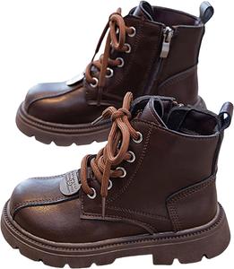 Детские классические походные ботинки для мальчиков и девочек, кожаные с шнуровкой, уличные высокие кроссовки с нескользящей подошвой, повседневная обувь, зимние боевые ботинки для малышей, удобные ботиночки с боковой молнией Generic, Brown