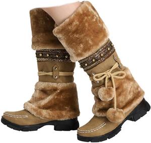 Женские сапоги SACFOF средней длины, зимние с шнуровкой и помпонами, на платформе, противоскользящие, с меховой подкладкой, чтобы согреться, сапоги-рыцари, Brown