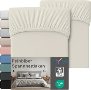 Простыня на резинке Deluxe из фланели для матрасов глубиной до 25 см - очень теплая и мягкая, 100% хлопок, не требует глажки, предварительная усадка, цвет: кремовый, размер: 90x200 см (комплект из 2 шт.) NYVI