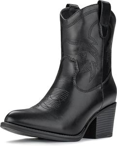 Женские ковбойские ботинки IXU с коротким голенищем, широкие, средней высоты, с острым носком, вестерн-бботинки, короткие массивные классические ботильоны, Black