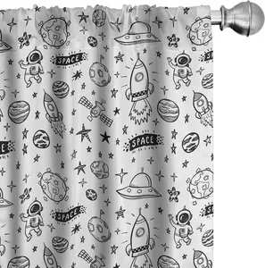 Шторы ABAKUHAUS Астронавт, монохромный арт-узор с космическими элементами и звездами, летящая ракета, 2 шт., 75 x 225 см, цвет: антрацитовый серый и белый Abakuhaus