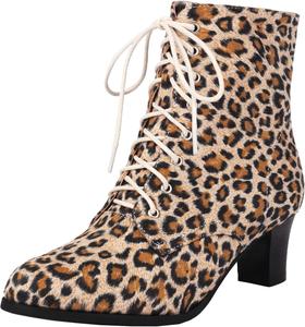 Женские ботинки с круглым носком на низком каблуке, короткие, с молнией и шнурками XIEPP, Leopard