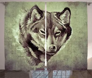 Штора ABAKUHAUS Tattoo Rustic, Зимний лес диких волков, присборенная штора для спальни с петлями и крючками, 280 x 225 см, белая с черным Abakuhaus