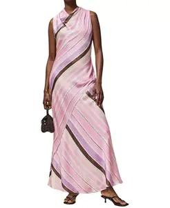 Атласное платье Фиби в полоску с воротником-хомутом Ro&Zo, розовый