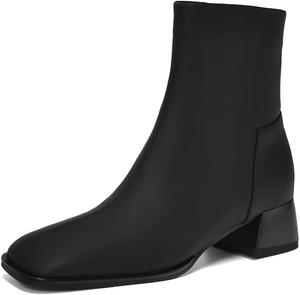 Женские ботильоны TinaCus из натуральной кожи ручной работы с боковой молнией, квадратным носком и низким блочным каблуком, Black