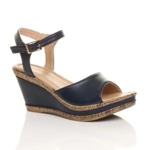 Пробковые босоножки на высоком каблуке с ремешком на щиколотке и танкеткой из искусственной кожи AJVANI, синий