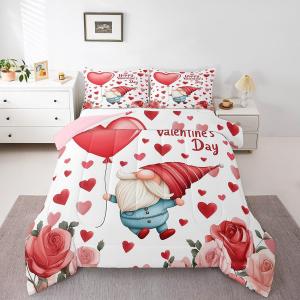 Erosebridal Комплект постельного белья Valentines Gnome с романтичным красным дизайном и цветочным принтом из роз, Red and White