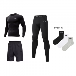 Мужской спортивный костюм Li Ning с круглым вырезом, умеренный крой., set (черный tight fit long-sleeved top+черный pants+черный sports shorts) with li-ning socks 1 pack
