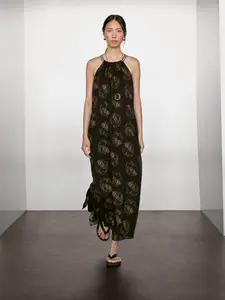 Длинное платье с принтом из смеси рами Massimo Dutti, коричневый