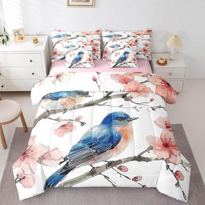 Erosebridal Комплект постельного белья Hummingbird для детей и подростков в японском стиле из 100% хлопка с принтом птиц, Pink Blue White