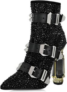 Женские ботильоны FSJ с острым носком, кристаллами, массивным каблуком и боковой молнией, блестящие, повседневные, модные, осенние, размеры US 4-15, Black Belt