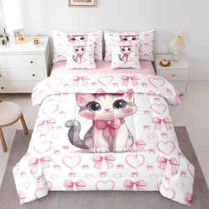 Erosebridal Комплект постельного белья Girls Cute Cat с розовыми котятами и бантами в стиле кавай, Rose Pink Gray