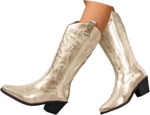 Женские металлические ковбойские сапоги в западном стиле, до колена, с заостренным носком, массивным каблуком, на молнии, ретро классические высокие сапоги, мокрый металлический эффект, деревенский винтажный стиль Generic, Gold