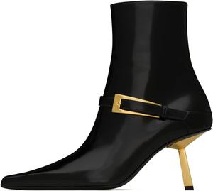 CAGLGLZ Женские черные ботильоны на высоком каблуке с заостренным носком, из лакированной кожи с металлической пряжкой, короткие ботинки с боковой молнией, повседневные, для вечеринки, свидания или под платье