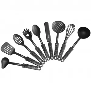 Набор кухонных столовых приборов STONELINE, (набор, 9 предметов), пластик, с подставкой, черный