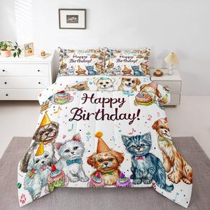 Erosebridal Комплект постельного белья Cute Cat and Dog King с тематикой дня рождения и музыкальными нотами, Gray White Orange