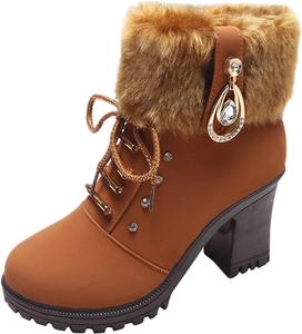 Женские зимние ботильоны на толстом каблуке, повседневные с декором из страз, утепленные, на шнуровке Generic, Brown