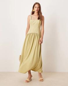 Платье миди ASOS DESIGN с квадратным вырезом и заниженной талией оливкового цвета
