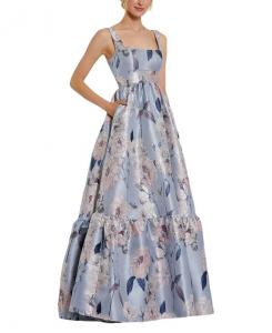 Платье из парчи с круглым вырезом без рукавов с цветочным узором Mac Duggal, синий